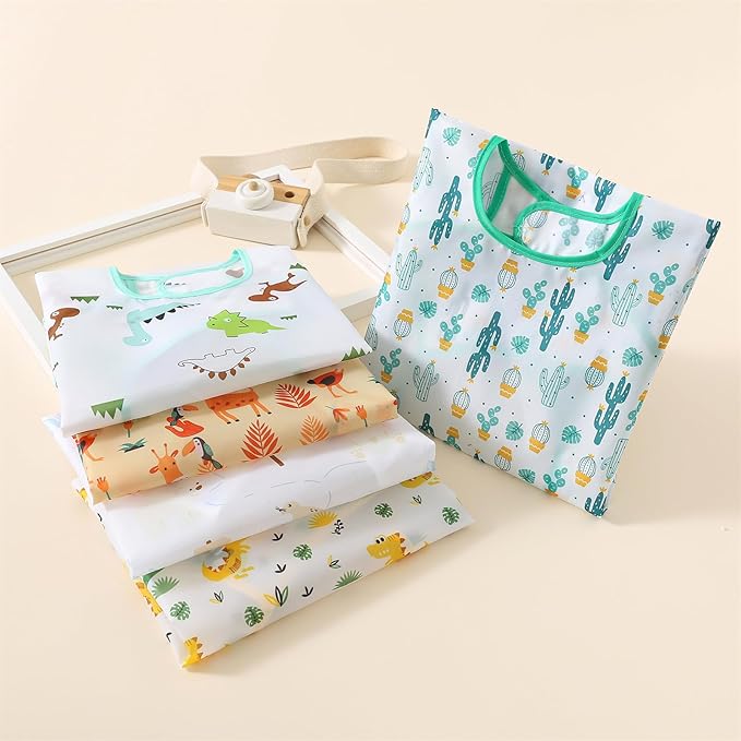 5-Pack Baby Long Sleeve Waterproof Bib Full Coverage Apron Bib Smock Toddler Bibs with Pocket 3-30 Months