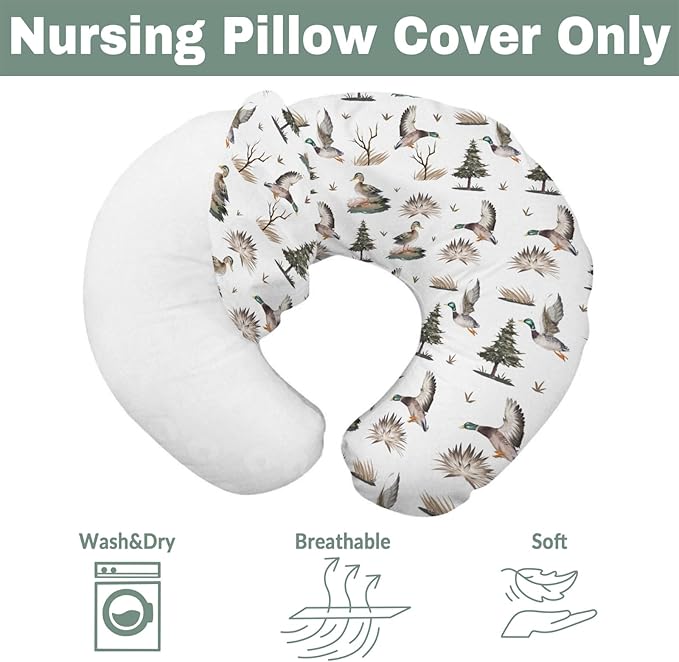 Retro Duck Hunting Baby Nursing Pillow Covers for Boy Girl Vintage Flying Mallards Nursing Pillowcase for Breastfeeding Pillows Wild Ducks Trees Leaves Soft Stretchy Slipcovers for Newborn Infant