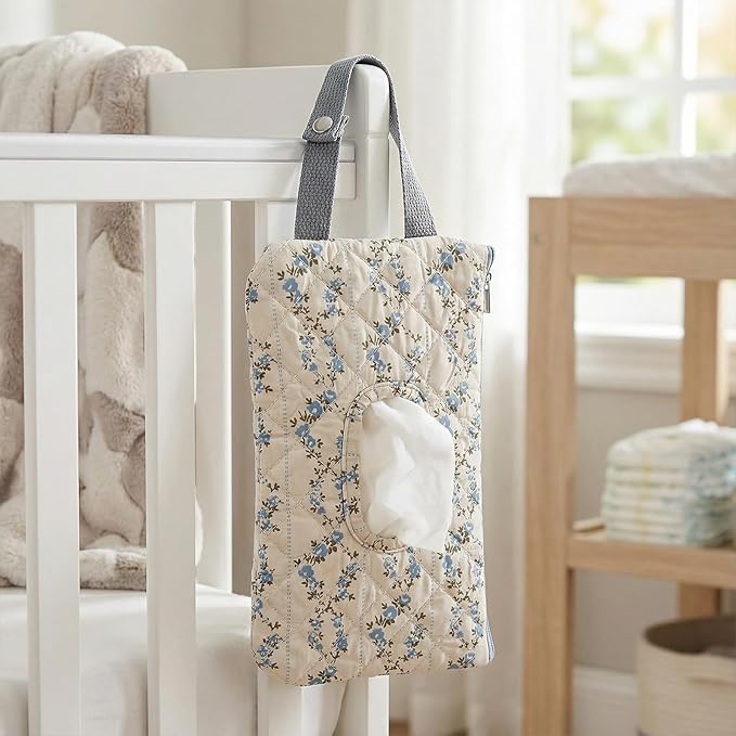 Quilted Baby Wipe Holder, Canvas Floral Quilted Pouch with Hanging Strap, Portable Diaper Wipe Holder for Travel Stroller-Blue Flower