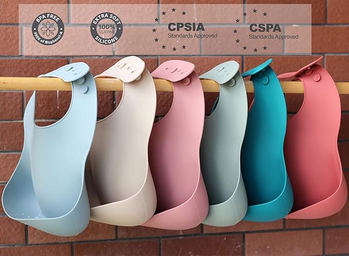 Ginbear Silicone Bibs for Babies, Waterproof Adjustable Silicon Rubber Baby Feeding Bibs with Food Catcher Pocket for Toddlers 6 Months+ (Dark Sage/Almond)