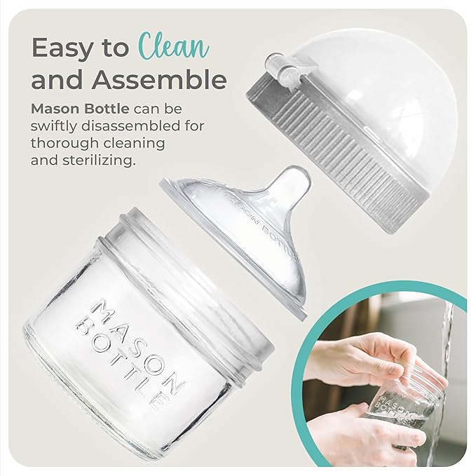 Mason Bottle 4oz Baby Glass Bottle with Breast Like Slow Flow Nipple, Cap+Ring - BPA Free, Non Toxic, Anti Colic Baby Bottle, Glass Feeding Bottle for Babies