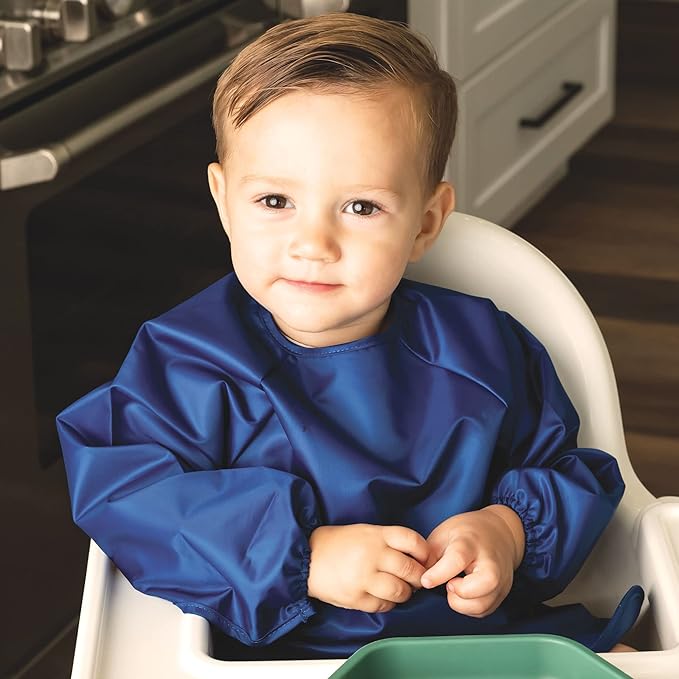 Tiny Twinkle Long Sleeve Bib for Babies & Toddlers | 2-Pack Waterproof Smock Bib for Eating | Machine Washable & Mess-Proof Feeding Essentials | Newborn Shower Gift (Grey Indigo,6–24M)