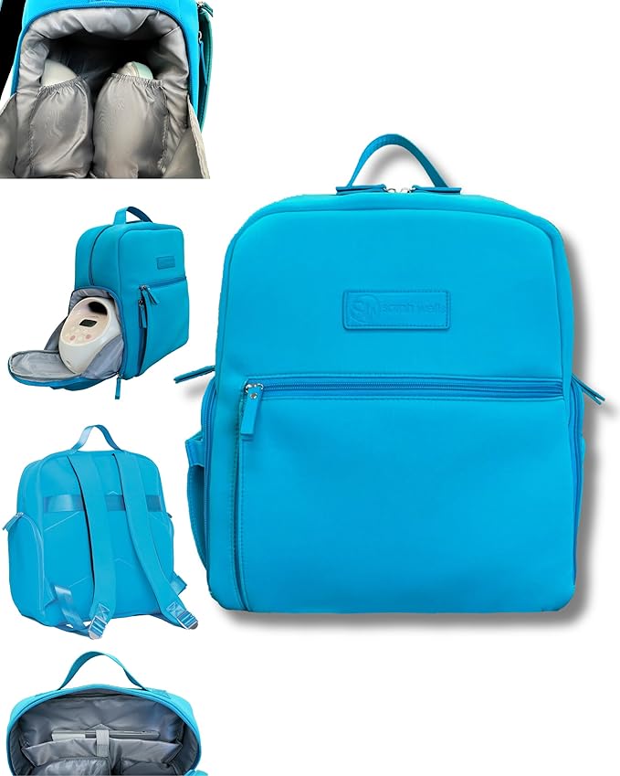 Sarah Wells Fiona Breast Pump Backpack – Machine Washable Neoprene Pump Bag with Insulated Milk Storage, Laptop Pocket & Adjustable Straps – Stylish Breastfeeding Backpack for Work & Travel (Sky)