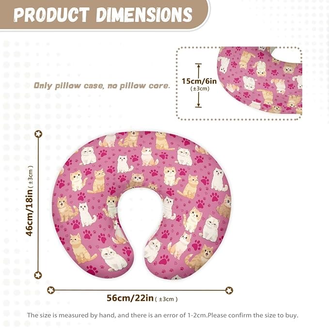 Cartoon Cat Pink Nursing Pillow Slipcover Ultra Soft Comfortable Fabric Breastfeeding & Bottle Feeding Pillow Case for Home Car Sofa Decor, Easy to Put On & Take Off
