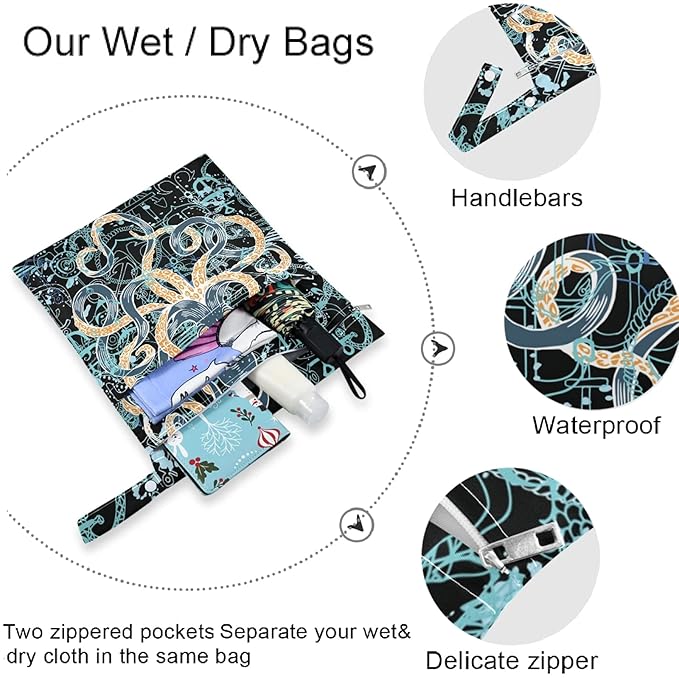 visesunny Hand-Drawn Octopus Anchor 2Pcs Wet Bag with Zippered Pockets Washable Reusable Roomy Diaper Bag for Travel,Beach,Daycare,Stroller,Diapers,Dirty Gym Clothes,Wet Swimsuits,Toiletries