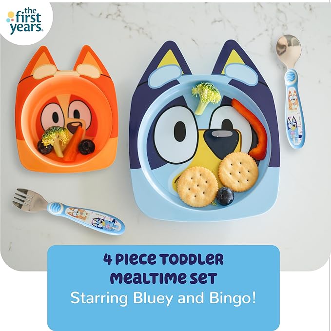 The First Years Bluey Kids Dinnerware Set - Includes Bluey Suction Plate, Bingo Suction Bowl, and Stainless Steel Toddler Silverware - Toddler and Baby Feeding Essentials - 4 Count