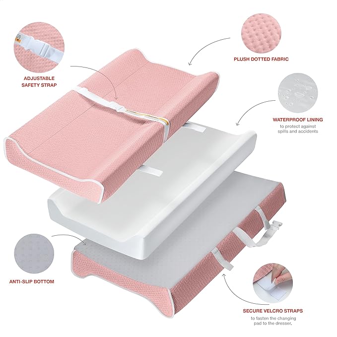 Changing Pad - Foam Contoured Baby Changing Pad for Dresser, Waterproof Diaper Changing Table Pad, Includes Soft, Removable & Washable Non-Slip Cover, Bonus Portable Toy Bar with Music Mode Included