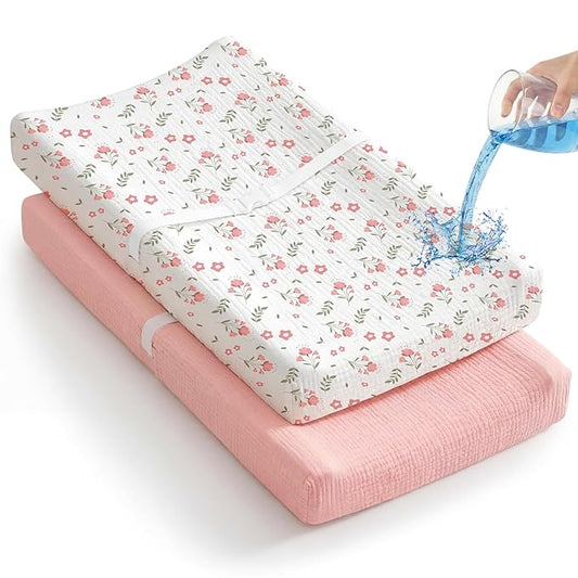 2 Pack Waterproof Muslin Changing Pad Cover with Safety Strap Hole, TPU Leakproof Protection Soft Muslin Baby Changing Table Covers for Boys & Girls, Fits 32" x 16" Changing Pad,Pink Blossom