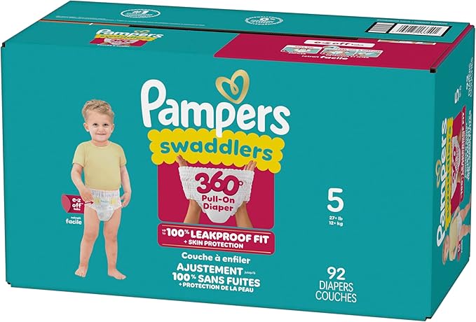 Pampers Diapers - Swaddlers 360° - Size 5, 92 Count, up to 100% Leakproof Comfy Dry Fit, Designed for Easy Changes, Pull On Baby Diaper (Packaging May Vary)