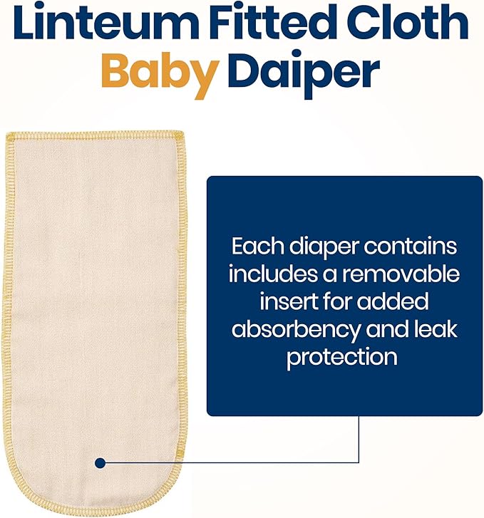 Linteum Textile Fitted Cloth Diapers with Snap Closures – 100% Cotton, Adjustable Snaps, Removable Inserts – Reusable & Washable Baby Diapers for Toddlers – Natural/Beige – 3 Pack (Small 9-15 lbs)