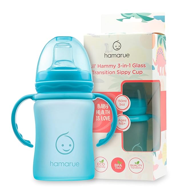3-in-1 Glass Sippy Cups for Toddlers 1-3 | Silicone Coated Baby Sippy Cup | Non-Toxic Transition Sippy Cup with Removeable Handles | Baby Straw Cup (Teal, 5 oz)