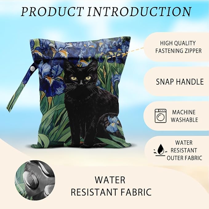 Cat Wet Bags 12x10 Inch, Blue Floral Waterproof Reusable Wet Dry Bags, Flowers Washable Travel Laundry Bag for Swimsuit Pool Beach Diapers Dirty Yoga Gym Clothes, Cat Gifts for Women Friend Travelers