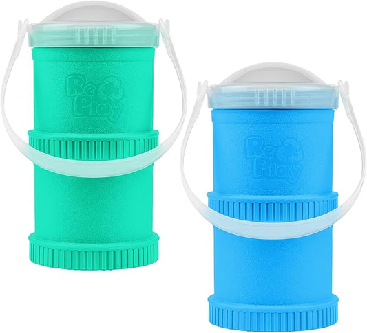 Re-Play Snack Stack Toddler Containers, 2 Sets - Stackable Cups with Travel Lid & Strap for On-the-Go, BPA-Free, Made in USA, Aqua/Sky
