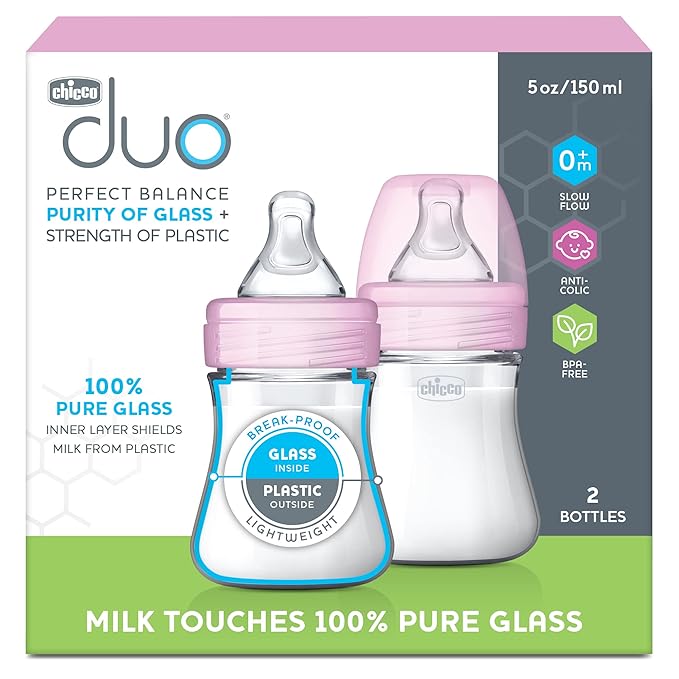 Chicco Duo 5oz Hybrid Baby Bottle, Real Glass Inside, Lightweight Plastic Outside, Patented Invinci-Glass Technology, Intui-Latch Nipple, 2-Pack, Clear/Pink