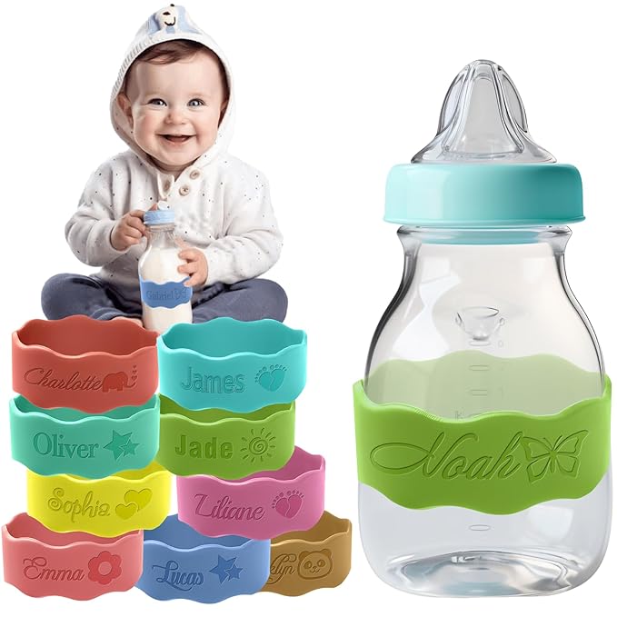 Personalized Water Bottle Name Bands Custom Engraved Silicone Labels Customized Silicone Baby Bottle Labels for Daycare Reusable Baby Bottle Straps for Kids Cups School Waterproof-Green