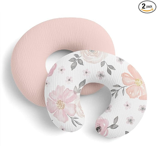Sweet Jojo Designs 2-Piece Muslin Nursing Pillow Covers Set (Pink/Grey Watercolor Floral) for Newborn Baby Girls 100% Cotton Breastfeeding Pillowcases-PILLOW NOT INCLUDED (Shabby Chic, Boho Farmhouse)