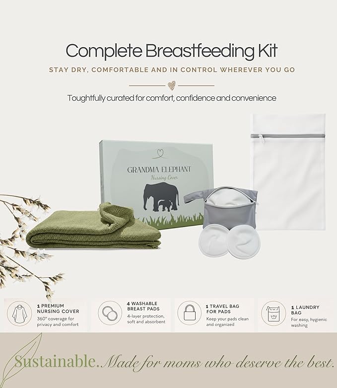 Set Premium Breast Feeding Covers for Women of All Body Types: Ultra Soft Stylish and Breathable Nursing Cover up for Breastfeeding + 4 Reusable Breast Pads for Nursing Comfort (Olive Sage)
