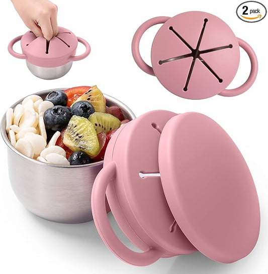 Bufilea Snack Containers for Toddlers, 3-in-1 Stainless Steel Toddler Snack Cups with Removable Silicone Food Catcher & Travel Lids, No-Spill Snack Container for Baby Self-feeding (Pink, Pack of 1)