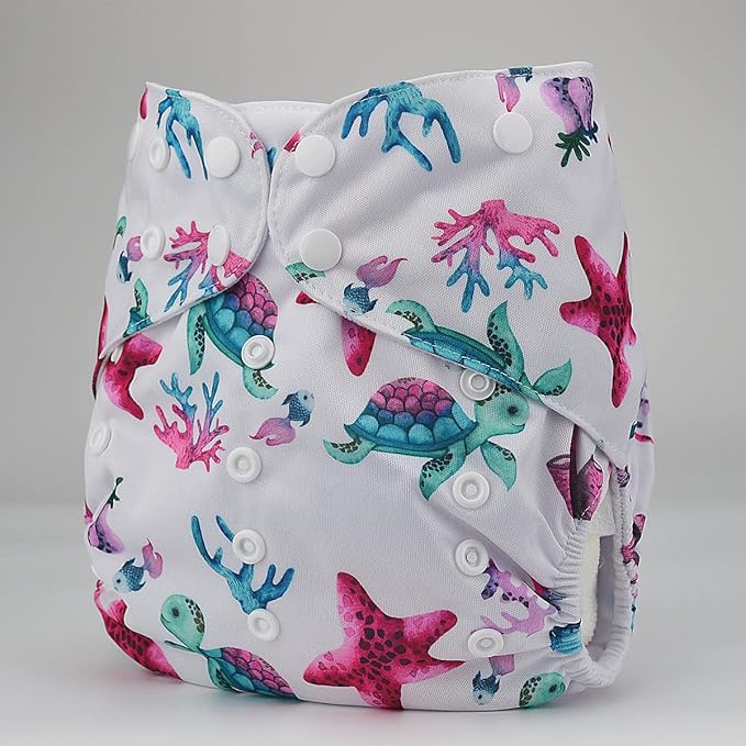 2 to 7 Years Old Cloth Diaper Nappy Pocket Reusable Washable Junior Big Baby Kids Toddler (Starfishes Turtles)