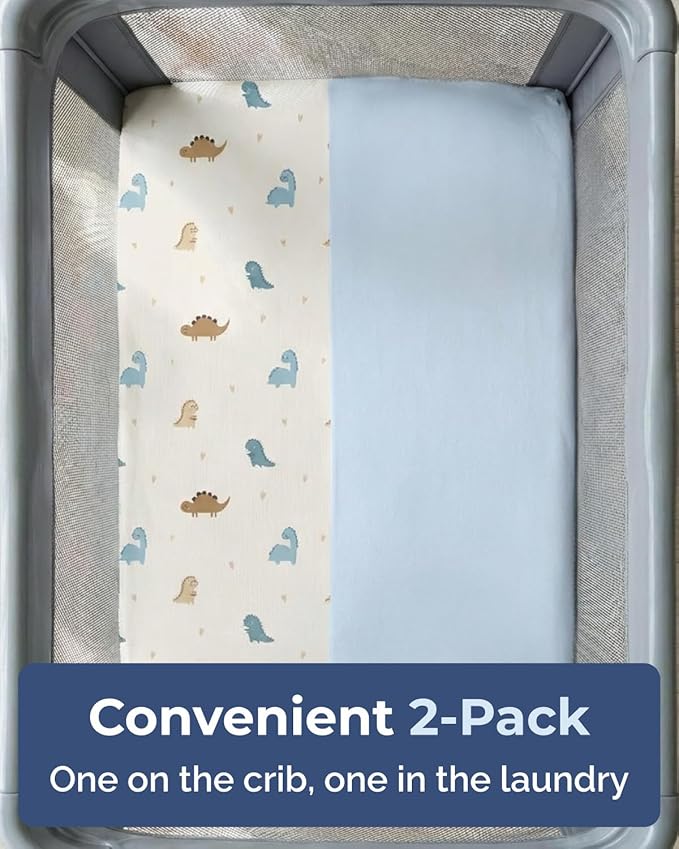Pack and Play Sheets Fitted - 2 Pack Mini Crib Sheets for Pack N Play Mattress - Unisex Playard Microfiber Bedding for Boys & Girls - Soft, Breathable & Wrinkle Free - Oeko-Tex, 38 x 26in - Cute Dinos