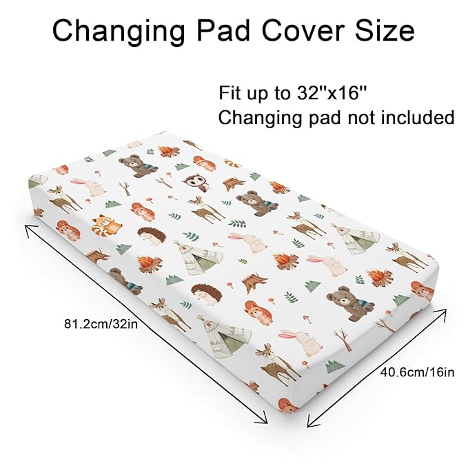 Camping Animals Changing Pad Cover Cute Bear Raccoon Squirrel Deer Rabbit Hedgehog Owl Change Table Cover for Boys Girls Soft Stretch Fitted Diaper Changing Mat Sheets 32''x16''