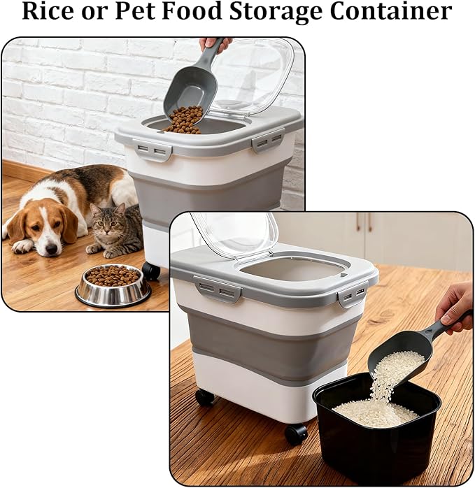 20-30 Lbs Rice and Pet Food Storage Container - Collapsible Airtight Food Storage with Rolling Wheel & Locking Lid, Flour Container with Cup & Scoop for Rice, Flour, Pet Food (Grey)