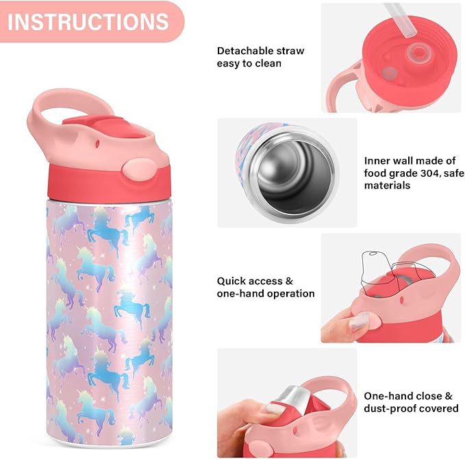 Butterfly Girls Water Bottle with Straw and Carry Handle Rainbow Cute Animals Vacuum Insulated Stainless Steel Bottles Leak-Proof for Boys Kids Toddler 12 oz Pink Lid