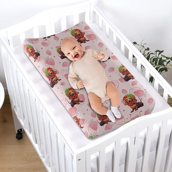 Strawberry Wiener Dog Baby Changing Pad Cover Ultra Soft Stretchy Diaper Changing Table Pad Cover for Girls Boys Breathable Nursery Changing Table Sheets Cover