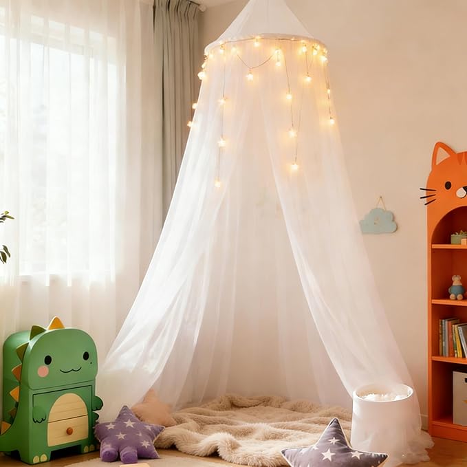 Princess White Bed Canopy with Lights for Girls Bed Net,Princess Canopy for Kids Bed Room Decor (White+Lights)