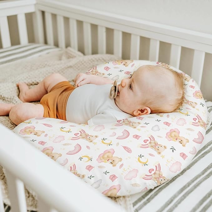 Watercolor Bear Rainbow Pink Baby Nursing Pillow Covers for Girl Boy Cute Bears Moon Stars Clouds Nursery Slipcovers for Breastfeeding Pillows Pastel Animal Soft Stretchy Cover for Newborn Infant
