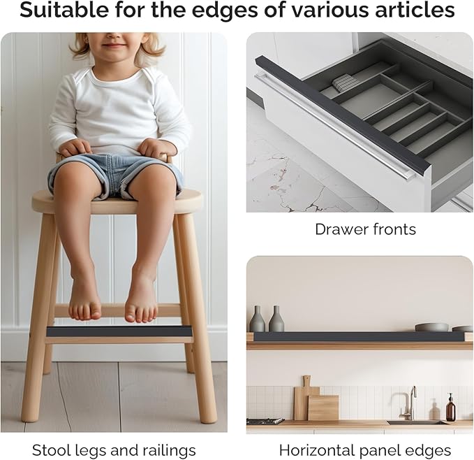Snugly Fit 18" Length Cabinet Door Protector, Flexible Slip-On Plastic Edge Guard, Thin Edge Protectors to Prevent Wear, Chipping, Discoloration, Cabinet Bumpers, 3/4" Thick,Black,2 PCS