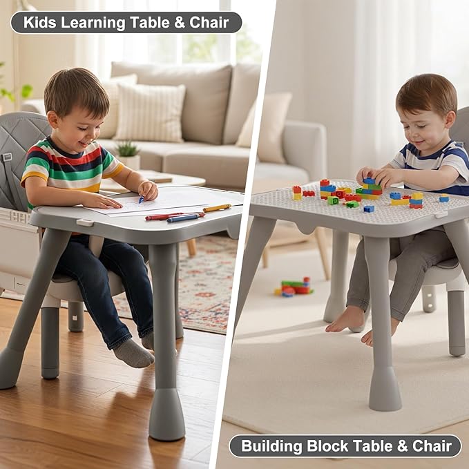 6-in-1 Convertible Baby Highchair, Booster Seat, Toddler Chair & Building Block Table, with Removable Tray, Easy Clean Cushion & 5-Point Harness (Grey)