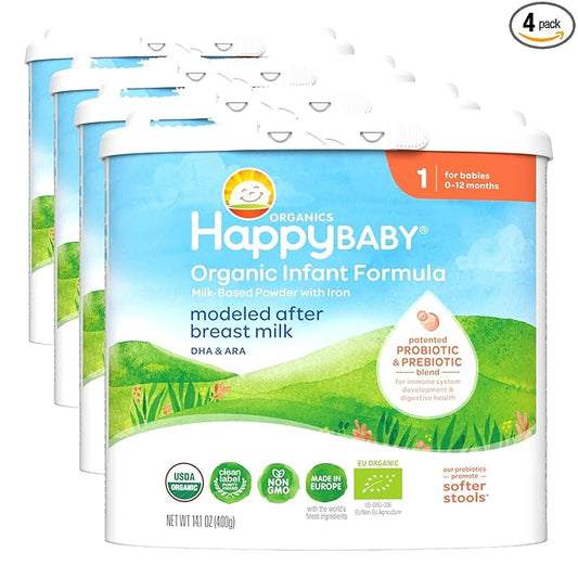 Happy Baby Organics Stage 1 Infant Formula, 0-12 Months, Milk Based Organic Baby Formula Powder with Iron, Probiotics & Prebiotics for Immune & Digestive Support, 14.1 Ounce (Pack of 4)