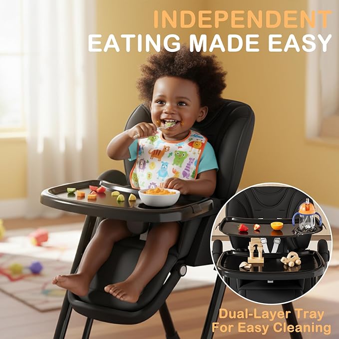 3-in-1 High Chairs for Babies and Toddlers, Foldable Baby High Chair with Rocking Mode, 5 Height Levels, Adjustable Backrest & Footrest, Lockable Wheels (Black)