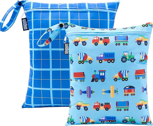 Wildkin Wet Bag Set for Boys, & Girls – Durable Zipper with Snap Loop Handle, Reusable Water-Resistant Bags for Beach, Pool, Travel & Gym - Trains, Planes & Trucks