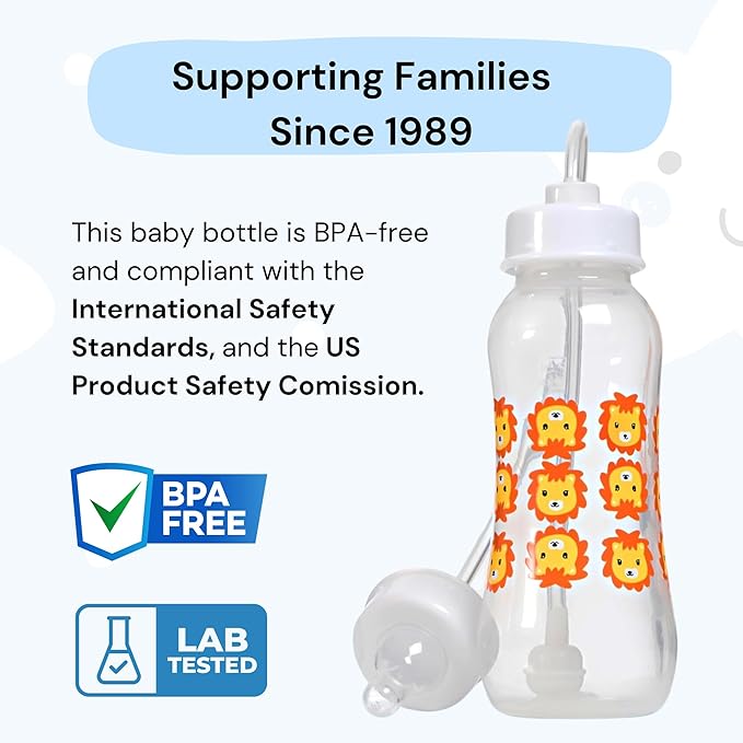 Hands-Free Baby Bottle - Anti-Colic Nursing System 9 oz Baby Bottle with Fast Flow Nipple/Teat 3m+ with Tube Straw Feeding System for Toddler (2 Bottles - Lion)