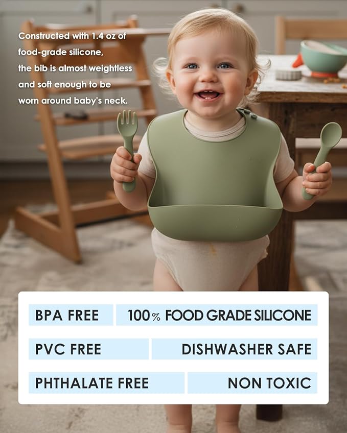 Tiny Marvels Silicone Baby Bibs Set of 3, Adjustable & Dishwasher Safe, Easy Clean Toddler Bibs with Food Catcher Pocket
