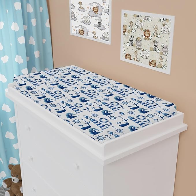 Navy Nautical Life Changing Pad Cover Marine Ocean Lighthouse Compass Whale Changing Table Cover for Baby Boys Girls Soft Breathable Stretchy Fitted Diaper Changing Mat Sheets 32''x16''
