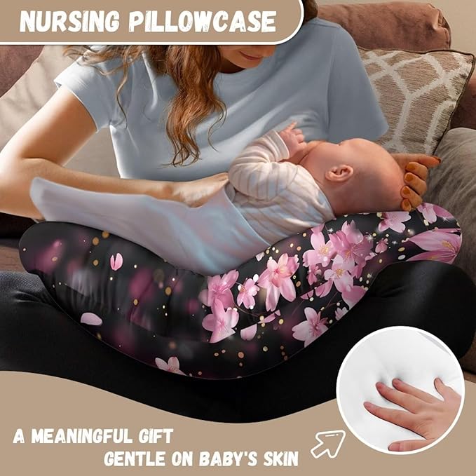 Cherry Blossoms Nursing Pillow Cover with Hidden Zipper Soft Durable Elastic Fabric Breastfeeding and Bottle Feeding Support Pillow Slipcover for Home Decorations
