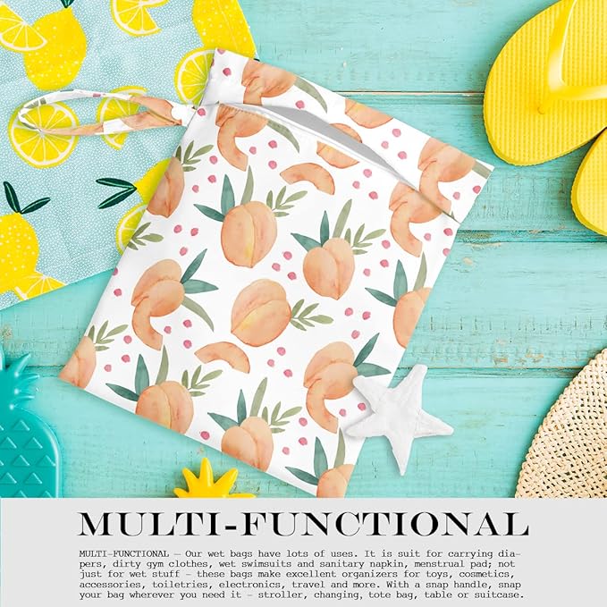 Wet Bag, Wet Dry Bag, Wet Bag for Swimsuit, Travel, Beach, Pool, Diapers, Dirty Yoga Gym Clothes, Toiletries, Makeup Bag, Snack Bag, Waterproof Reusable Fruit Peach Avocado Lemon