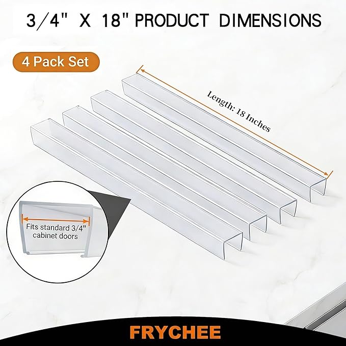 Full 18 Inches Unshortened Cabinet Door Protector, Clear Flexible Slip-On Edge Guard with Soft Rubber Groove, Trimable Cabinet Bumper for 3/4" Thick Doors, Anti-Wear Anti-Chip, 4 Pack