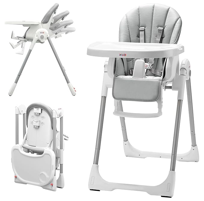 KÜB 3-in-1 Foldable Baby High Chair | Multifunctional Infant High Chairs for Babies and Toddlers | Removable Seat & Tray for Easy Clean | 7 Height & 4 Recline Adjustable | 2 Locking Wheels(Grey)