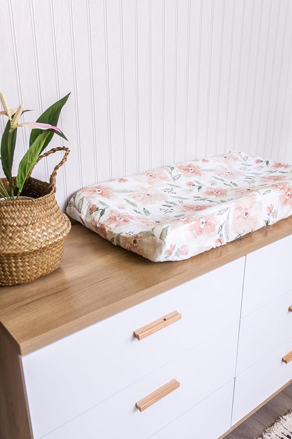 Crane Baby Changing Pad Cover, 100% Cotton Sateen Exterior, Pink Nursery Decor, Pink Floral Baby Changing Table Pad Cover, Fits Standard 16" x 32", Floral Nursery Decor, Change Table Sheets