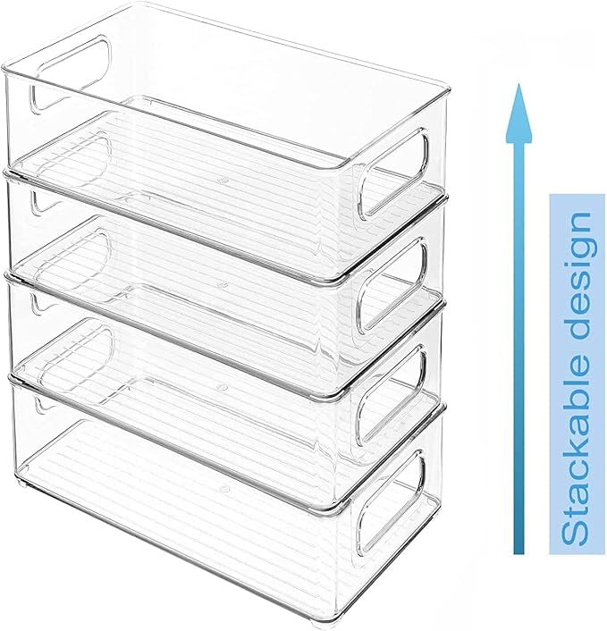 mDesign Plastic Long Stackable Storage Organizer Container, Organization Bin w/Handles for Kitchen, Pantry, Fridge, Freezer, Cabinet, Perfect to Hold Breast Milk - Ligne Collection - 4 Pack, Clear