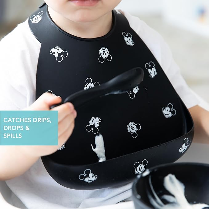 Bumkins Disney Bibs, Silicone Pocket for Babies, Baby Bib for Girl or Boy, for 6-24 Months Up to Toddler, Essential Must Have for Eating, Feeding, Baby Led Weaning Supplies, Mess Saving, Mickey Mouse