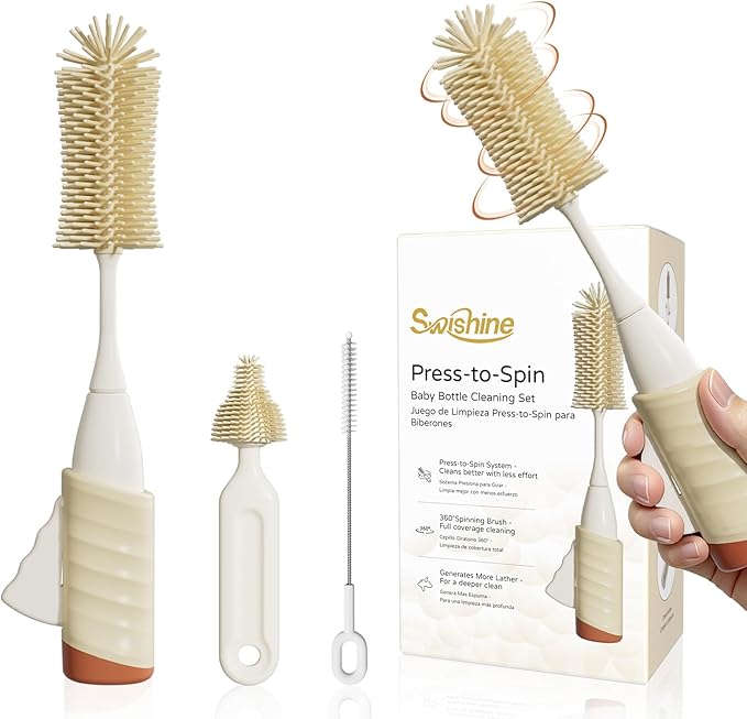 Baby Bottle Brush Set, Innovative Efficient Press-to-Spin Brush Cleaner - Includes Silicone Bottle Brush, Nipple Brush, Straw Cleaner - Spinning Generates Rich Foam for Deep Cleaning, Red