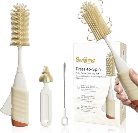 Baby Bottle Brush Set, Innovative Efficient Press-to-Spin Brush Cleaner - Includes Silicone Bottle Brush, Nipple Brush, Straw Cleaner - Spinning Generates Rich Foam for Deep Cleaning, Red