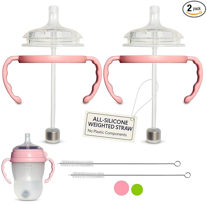Straw Cup Conversion Kit for Comotomo Baby Bottles 2-Count, Food Grade Silicone Straw Top Nipples, All Silicone Weighted Straw, Bottle Handles, Cleaning Brush, BPA Free, 6+ Months (Straw Top, Pink)