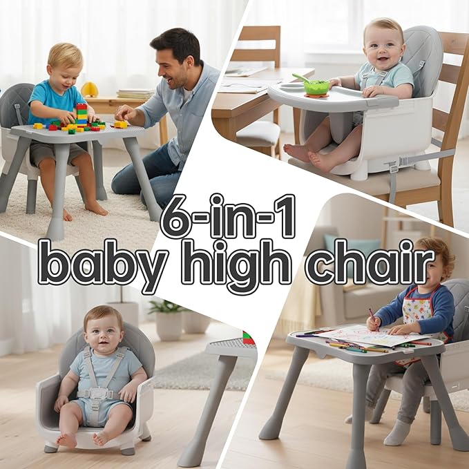 6-in-1 Convertible Baby Highchair, Booster Seat, Toddler Chair & Building Block Table, with Removable Tray, Easy Clean Cushion & 5-Point Harness (Grey)