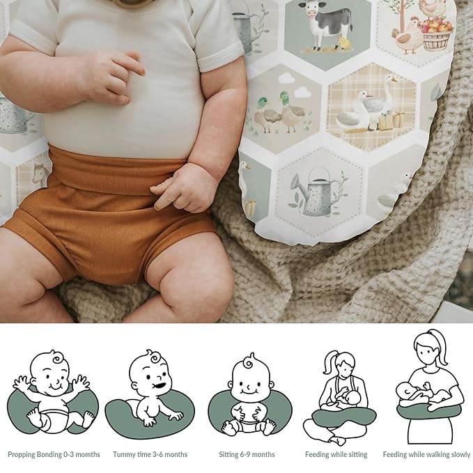 Farm Party Nursing Pillow Covers for Boy Girl Farm Cow Pig Horse Duck Chick Meadow Tractor Nursery Pillow Slipcover for Breastfeeding Pillows Farm Animals Life Soft Stretchy Cover for Newborn Infant